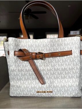 Michael Kors Cream Logo Tote with Brown Leather Trim